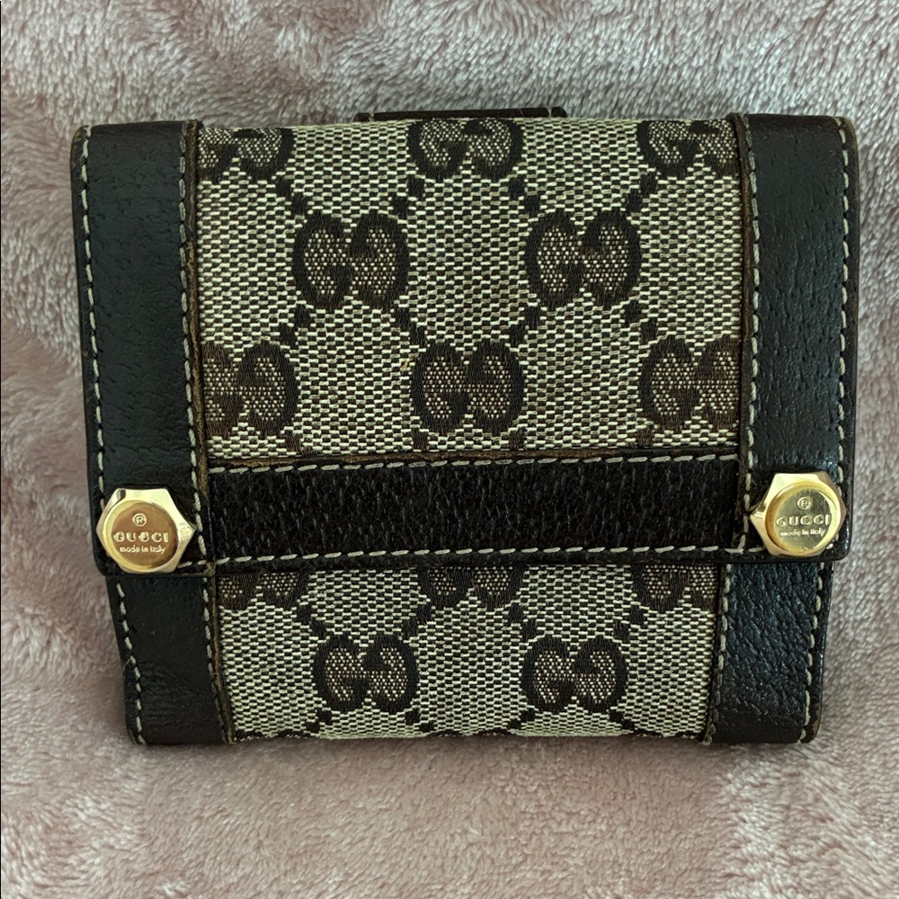 Gucci Tan and Brown Signature GG Compact Wallet
